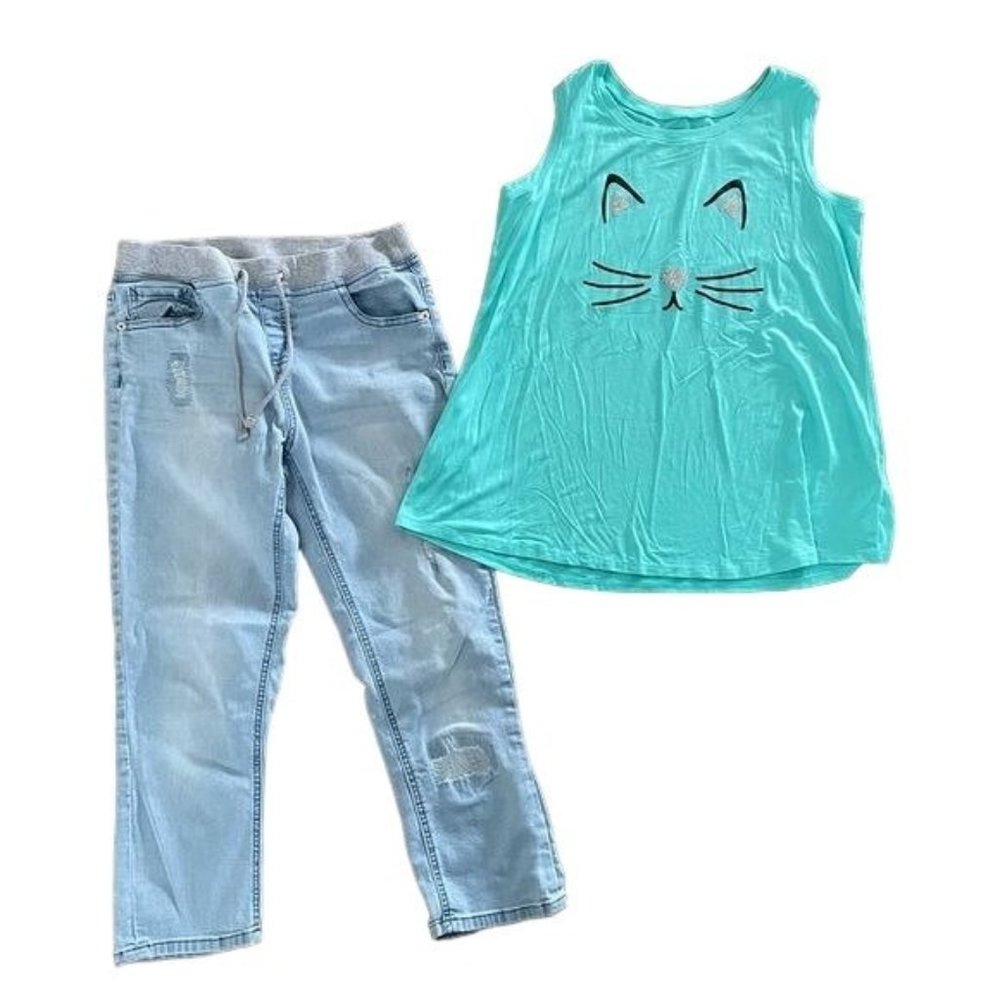 Bundle of 2! Justice Waistband Light Wash Jeans & Justice Kitty Tank Top Sz 18
